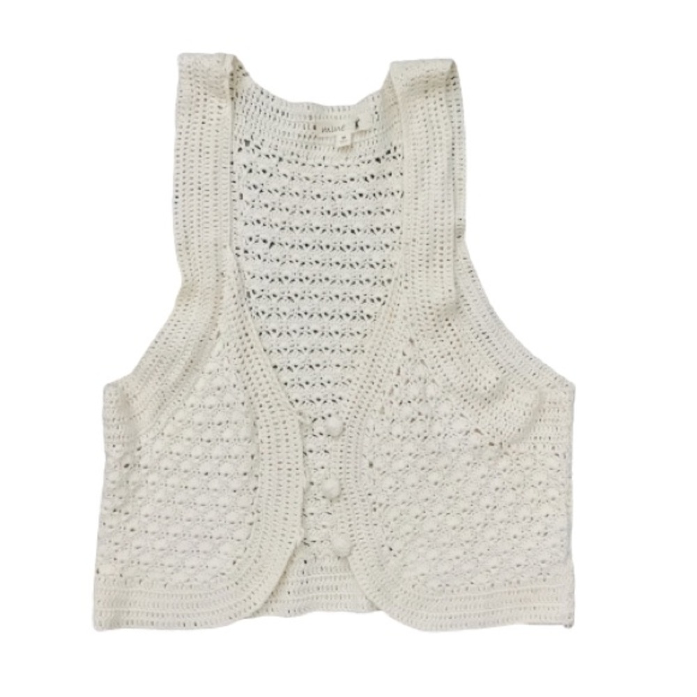 Crocheted Knit Button Up Vest in Creme Medium
